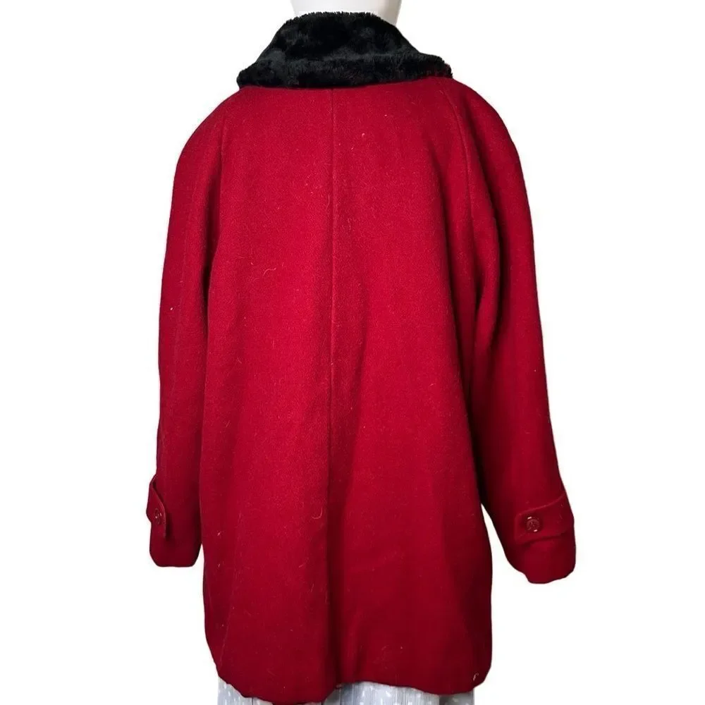 Kristen Blake Classics Faux Fur Collared Wool Pea Coat Red & Black Small